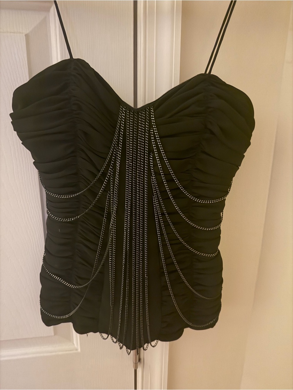 NWT Cache Black Ruched Chain-Detail Camisole corset top with stretch.